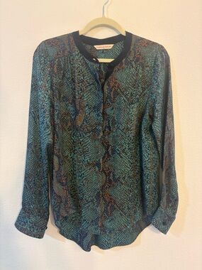 Rebecca Taylor Teal and Brown Snake-Print Long Sleeve Blouse